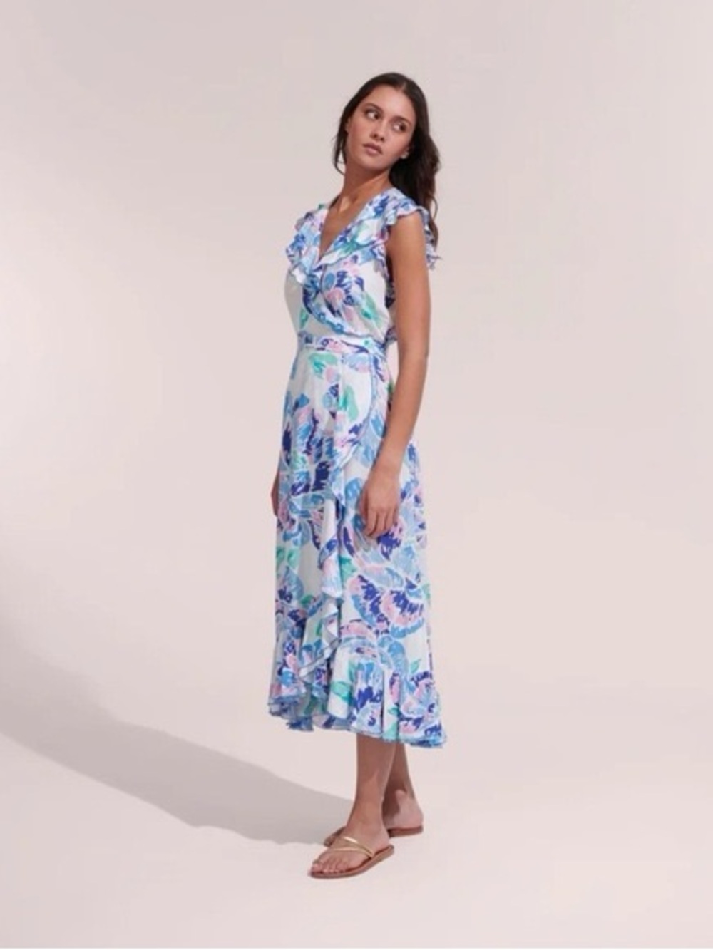 Poupette St Barth Floral Ruffle Wrap Midi Dress Botanical Flutter Sleeve 160